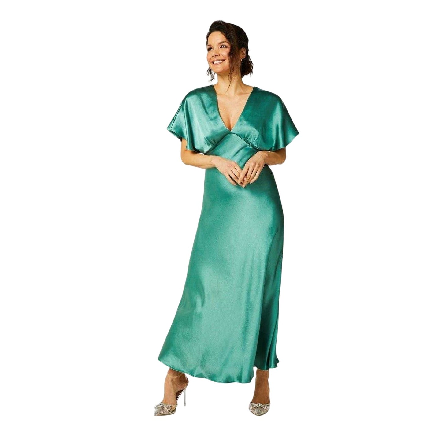 Mint - Front - Biba Womens-Ladies Satin Fitted Angel Sleeve Maxi Dress