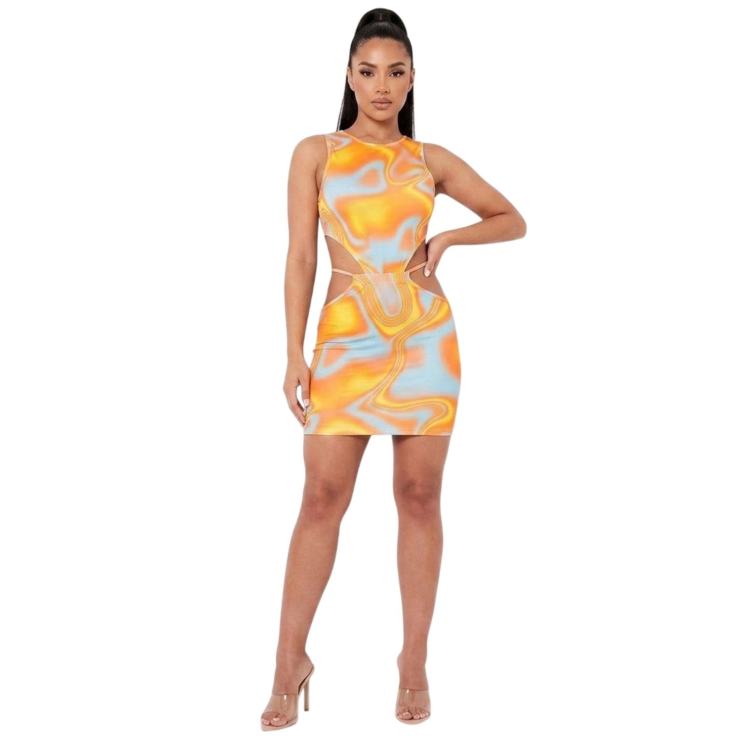Orange - Back - Missy Empire Womens-Ladies Swirl Print Cut Out Mini Skirt