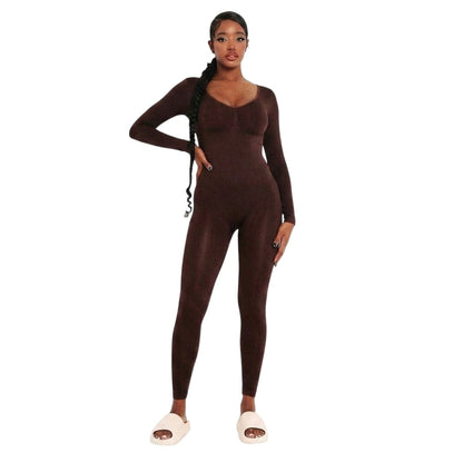 Chocolate - Back - Missy Empire Womens-Ladies Plunge Bodycon Long-Sleeved Jumpsuit