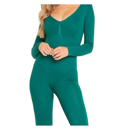 Green - Front - Missy Empire Womens-Ladies Plunge Bodycon Long-Sleeved Jumpsuit