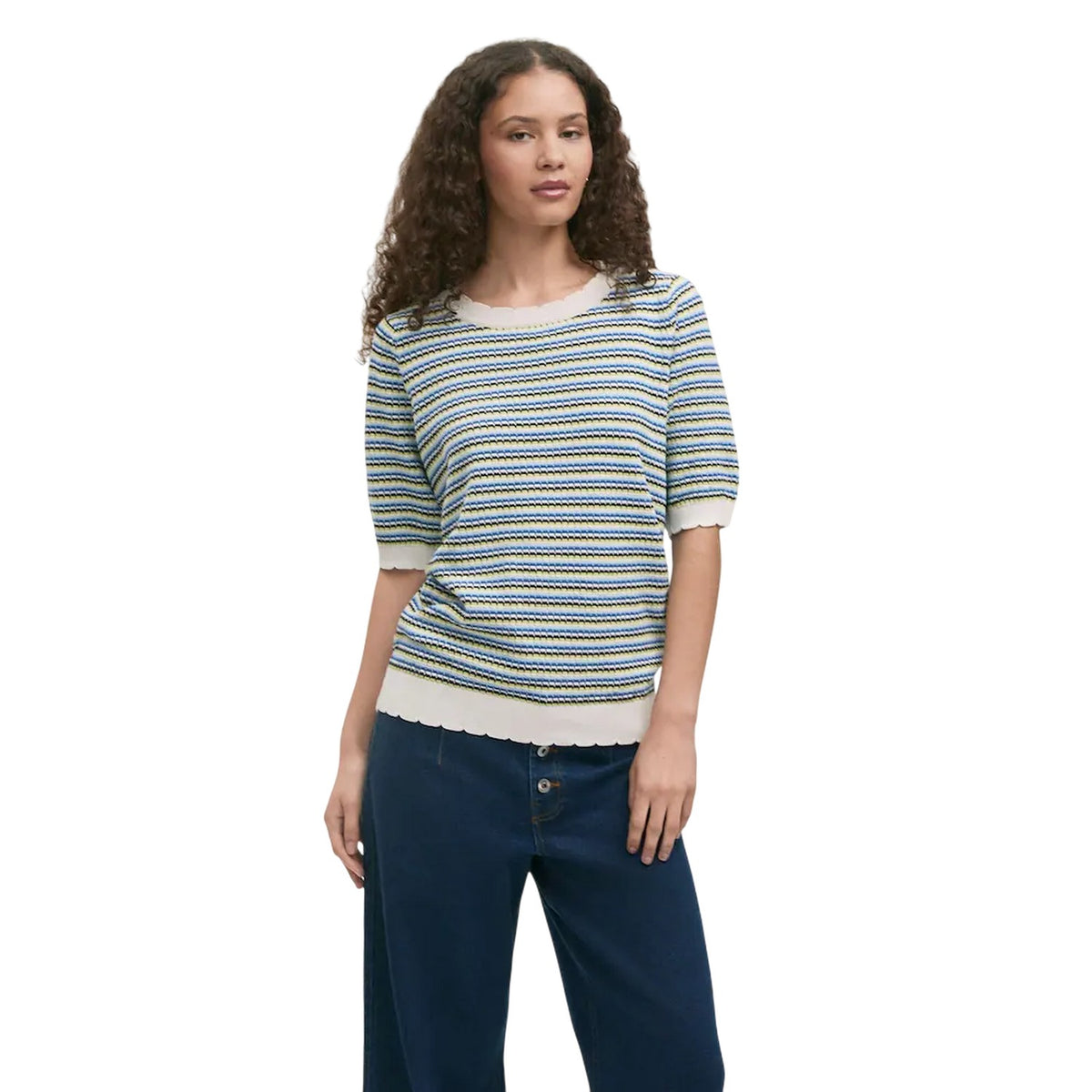 Blue - Side - Finery Womens-Ladies Stripe Scalloped Relaxed Fit Sweater Top