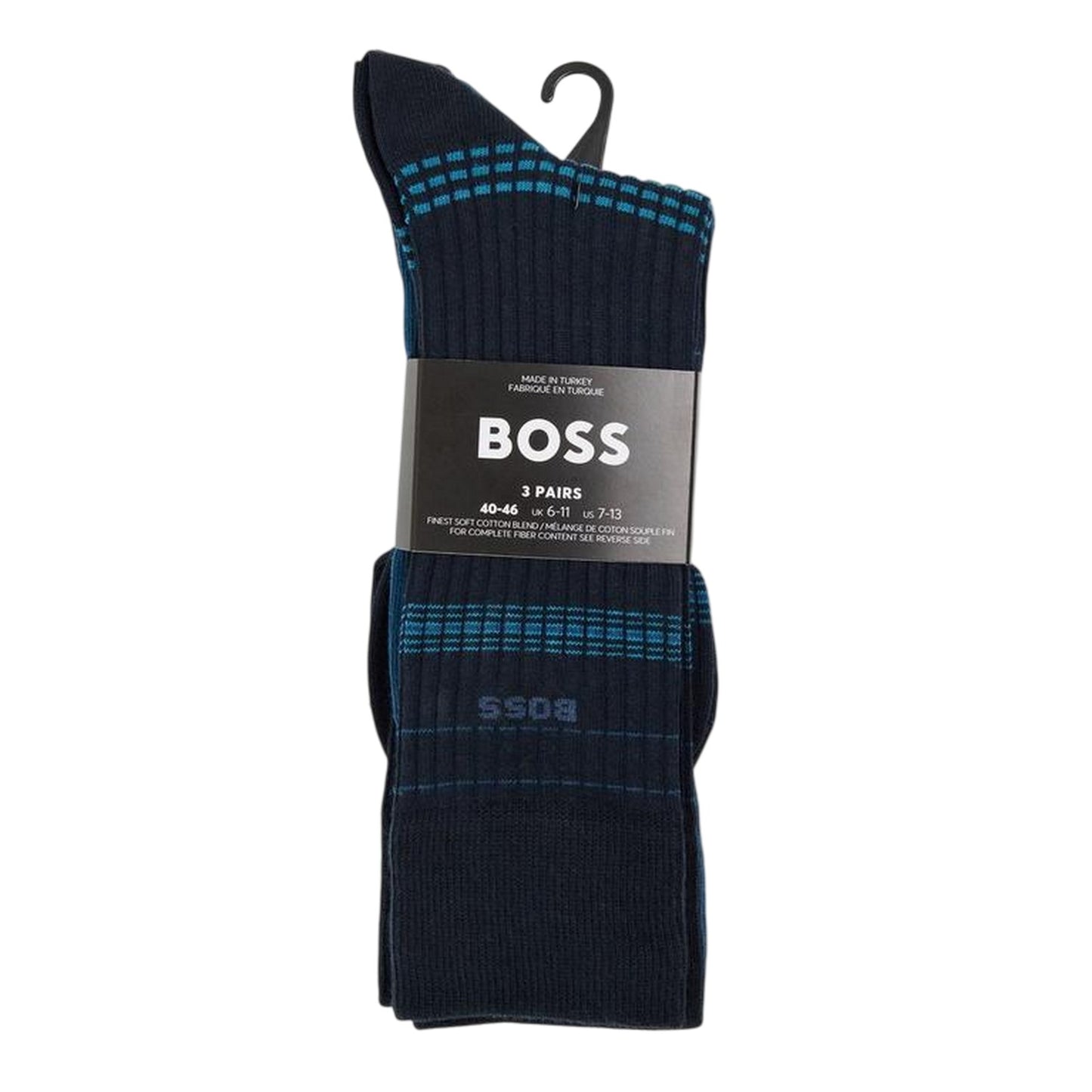 Dark Blue - Front - Boss Unisex Adult Stripe Ribbed Socks (Pack of 3)