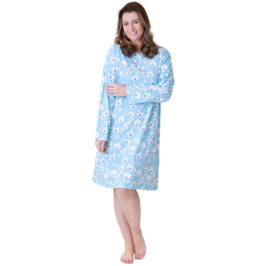 Light Blue-Floral - Front - Camille Womens-Ladies Organic Cotton Lightweight Nightdress