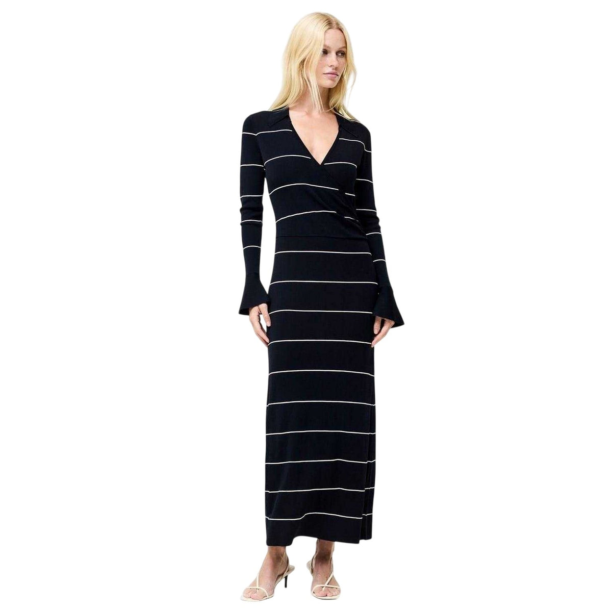Blue - Side - French Connection Womens-Ladies Ottie Striped Knitted Knitted Bell Sleeve Maxi Dress