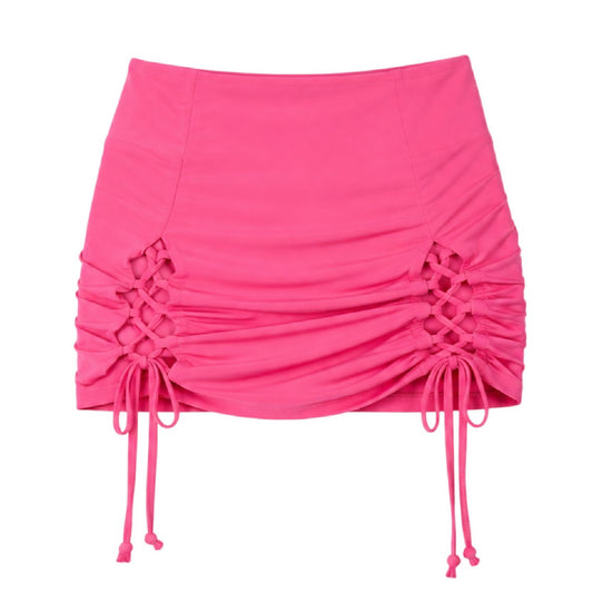 Pink - Front - Missy Empire Womens-Ladies Lace Up High Waist Mini Skirt