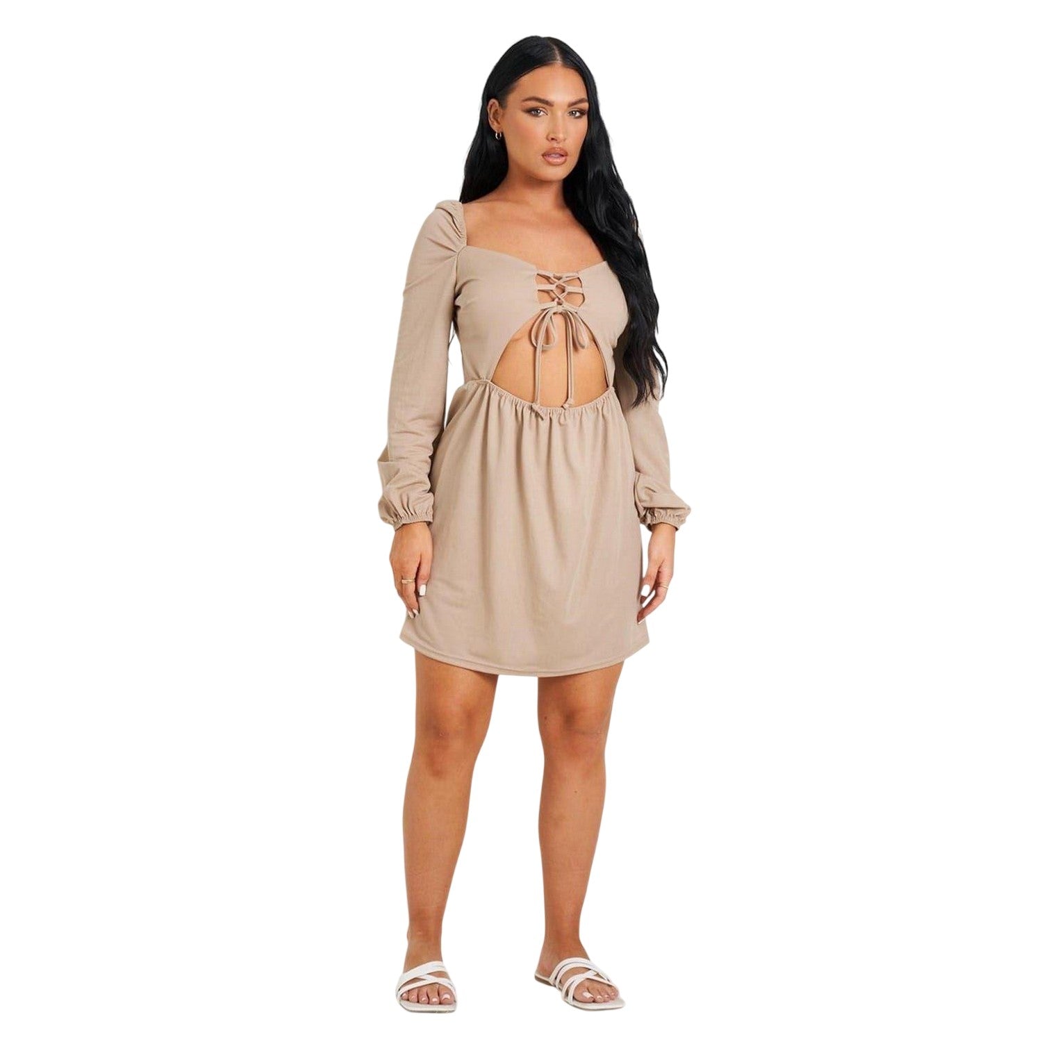 Light Beige - Back - Missy Empire Womens-Ladies Up Front Long-Sleeved Mini Dress