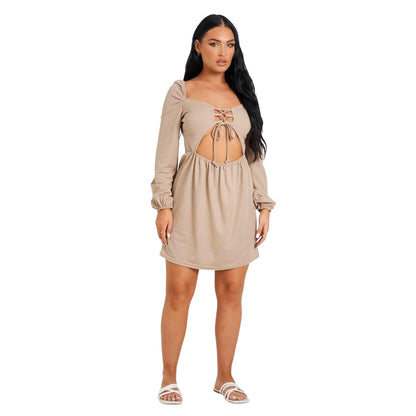 Light Beige - Back - Missy Empire Womens-Ladies Up Front Long-Sleeved Mini Dress