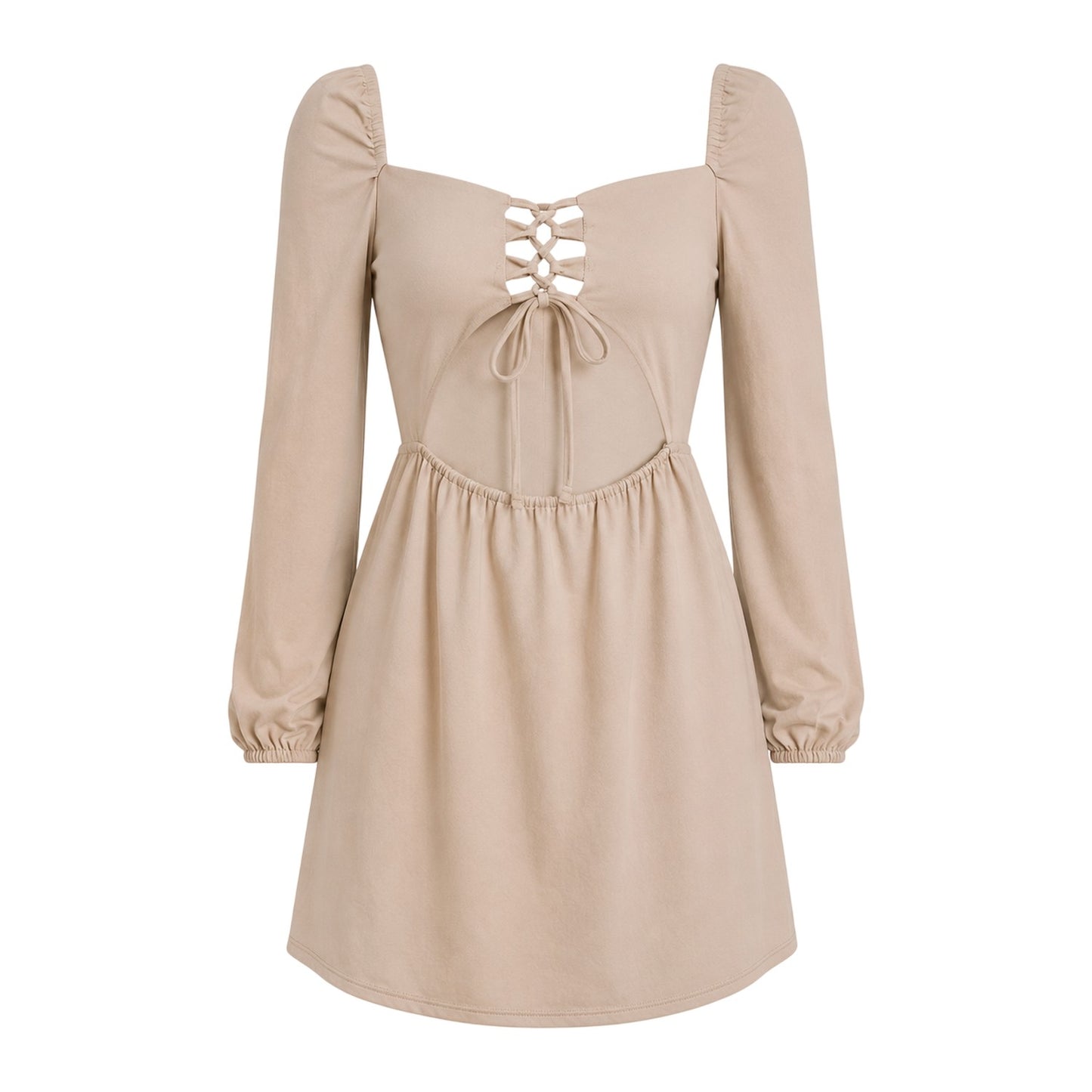 Light Beige - Front - Missy Empire Womens-Ladies Up Front Long-Sleeved Mini Dress
