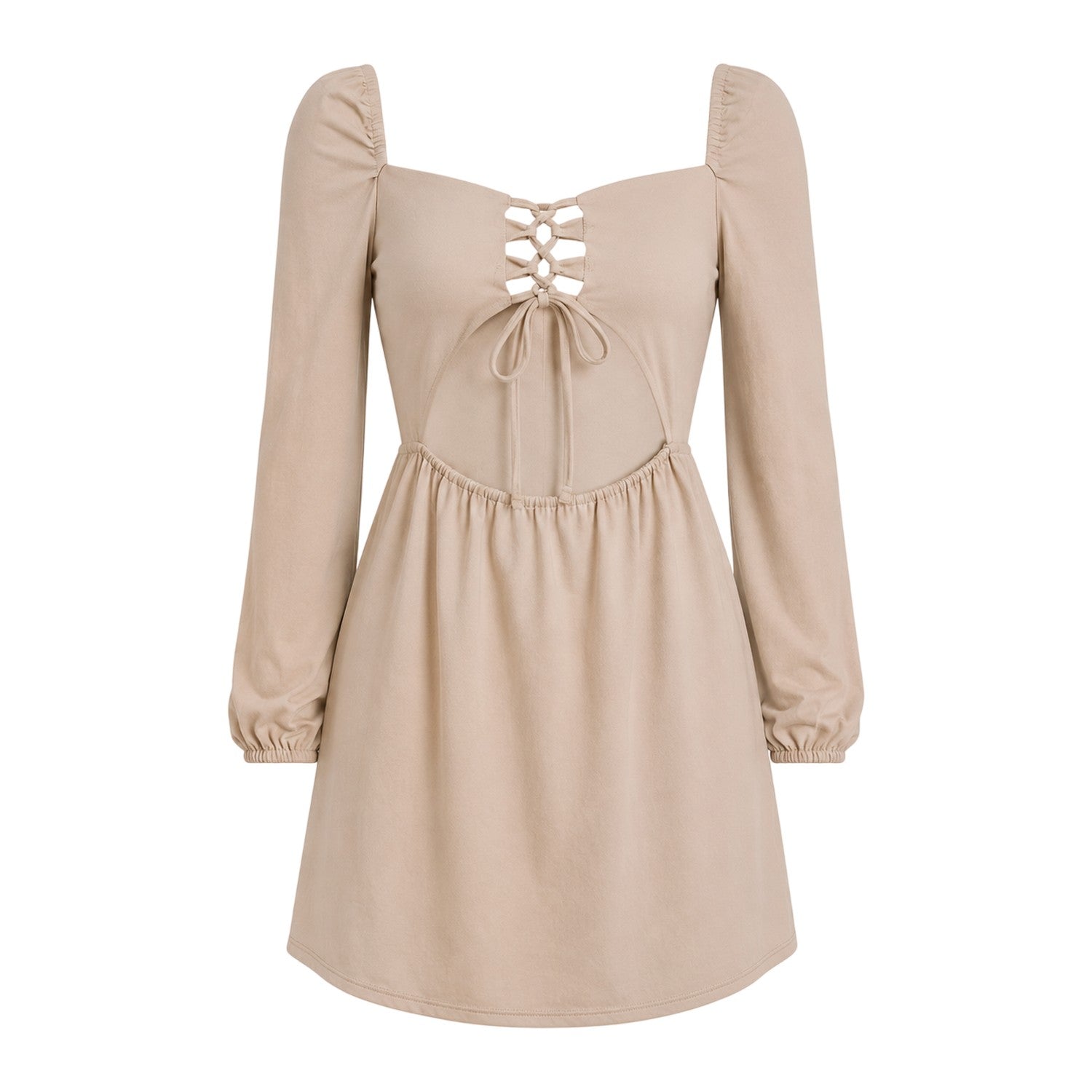 Light Beige - Front - Missy Empire Womens-Ladies Up Front Long-Sleeved Mini Dress