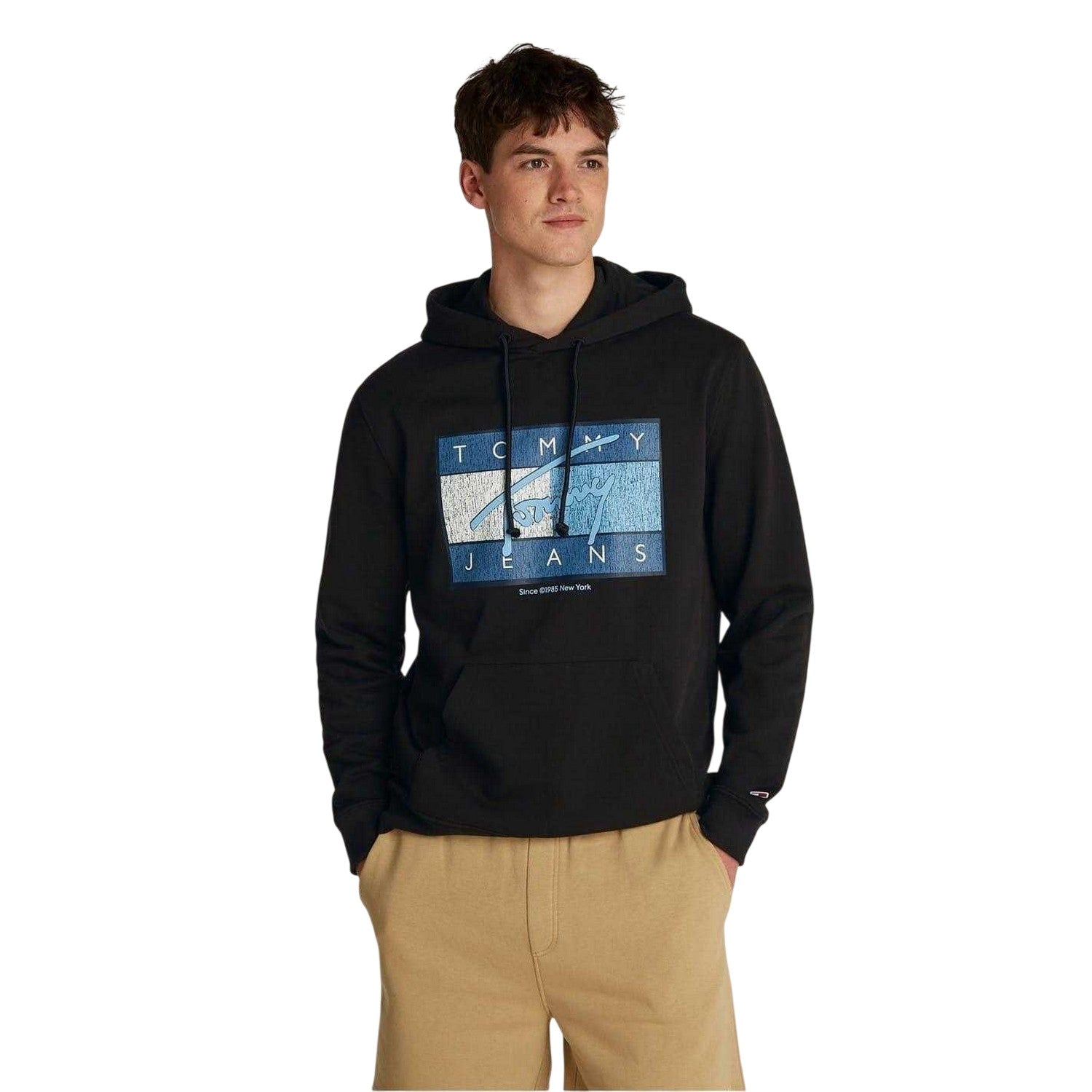 Black - Front - Tommy Jeans Mens Flags Hooded Regular Hoodie