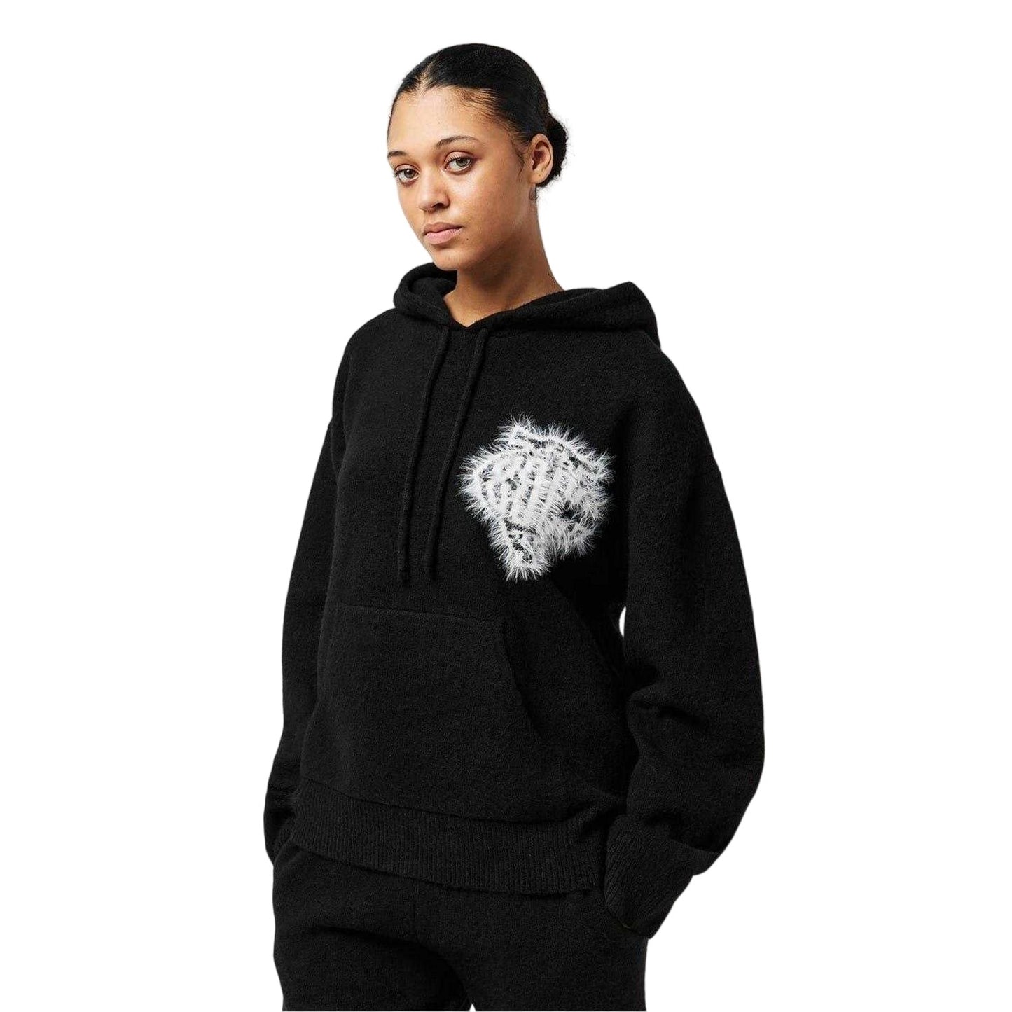 Black - Side - The Couture Club Womens-Ladies Fluffy Knitted Hoodie