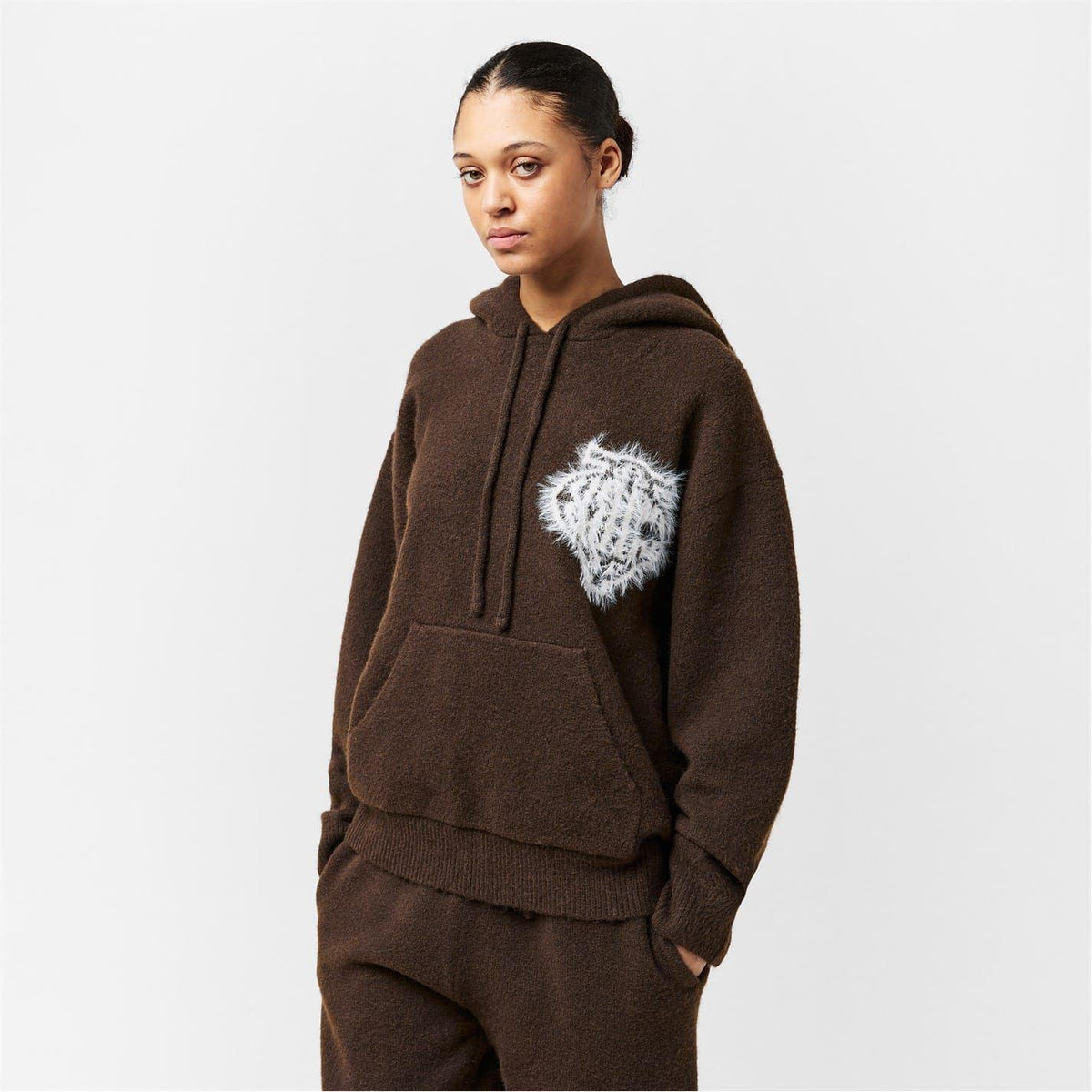 Brown - Side - The Couture Club Womens-Ladies Fluffy Knitted Hoodie