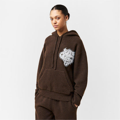 Brown - Side - The Couture Club Womens-Ladies Fluffy Knitted Hoodie