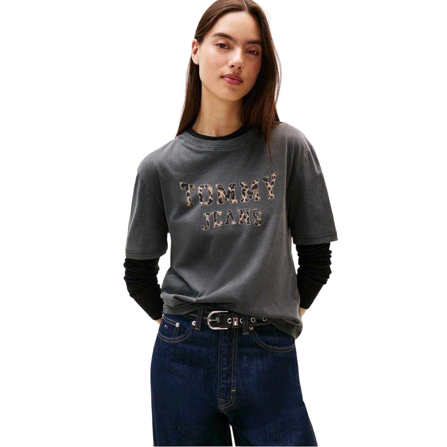 Black - Side - Tommy Jeans Womens-Ladies Leopard Crew Neck T-Shirt