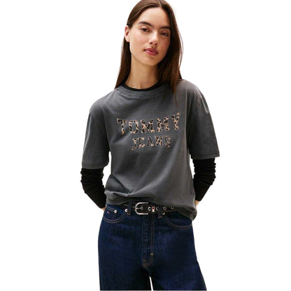 Black - Side - Tommy Jeans Womens-Ladies Leopard Crew Neck T-Shirt