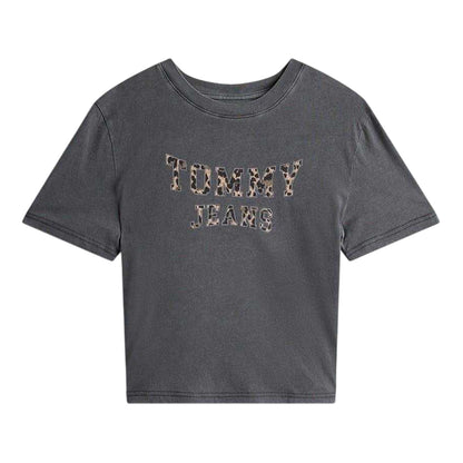 Black - Front - Tommy Jeans Womens-Ladies Leopard Crew Neck T-Shirt