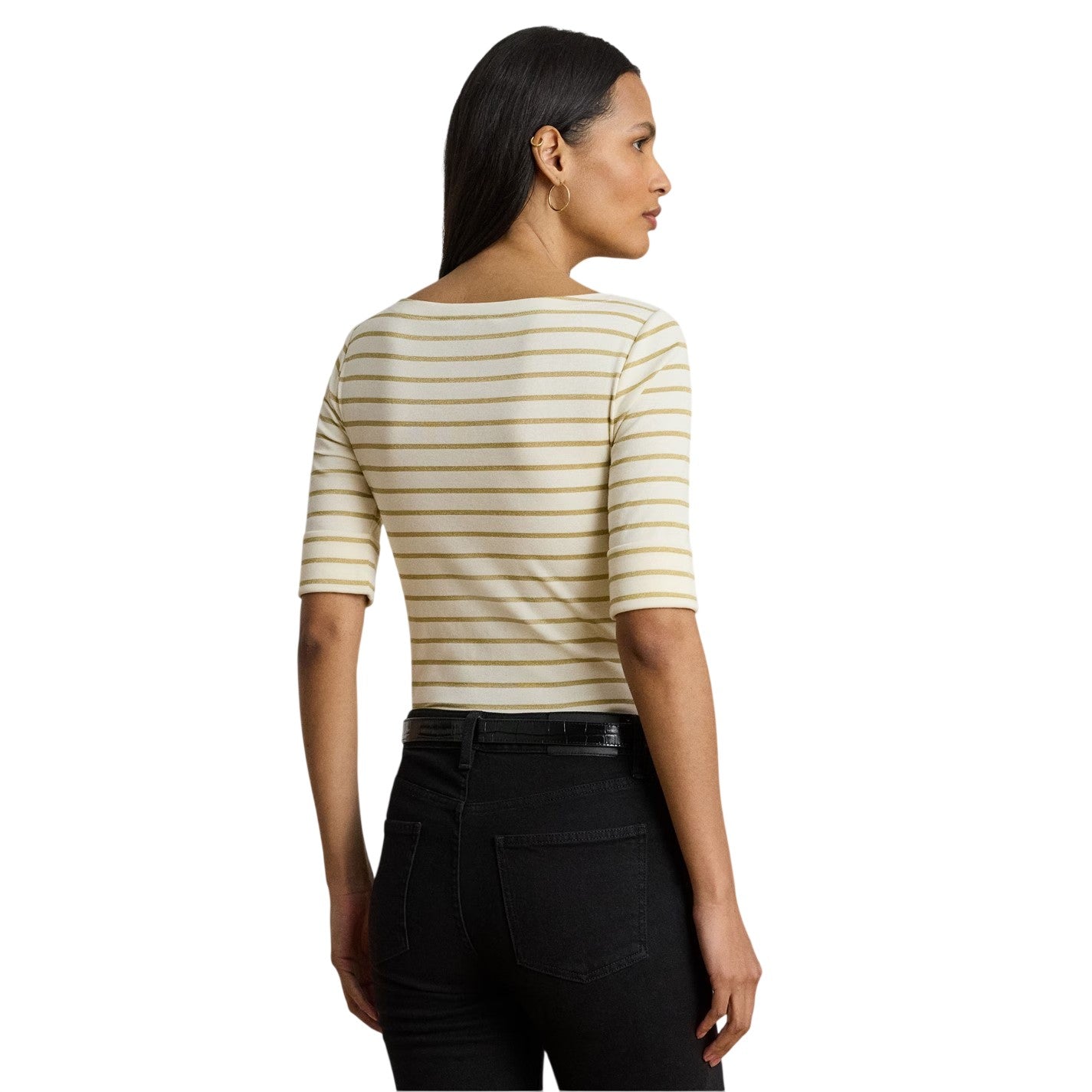 Cream-Gold - Back - Ralph Lauren Womens-Ladies Judy Boat Neck 3-4 Sleeve T-Shirt