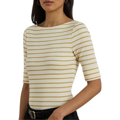 Cream-Gold - Side - Ralph Lauren Womens-Ladies Judy Boat Neck 3-4 Sleeve T-Shirt