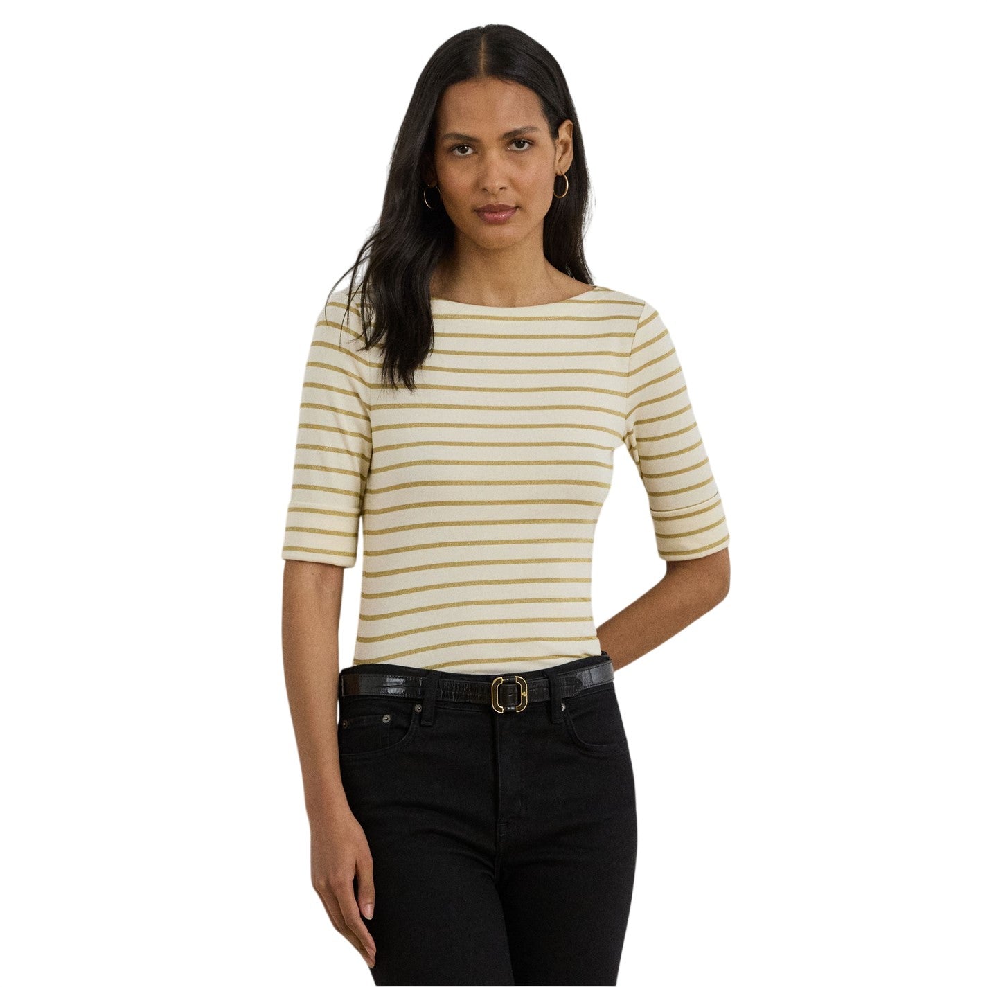 Cream-Gold - Lifestyle - Ralph Lauren Womens-Ladies Judy Boat Neck 3-4 Sleeve T-Shirt
