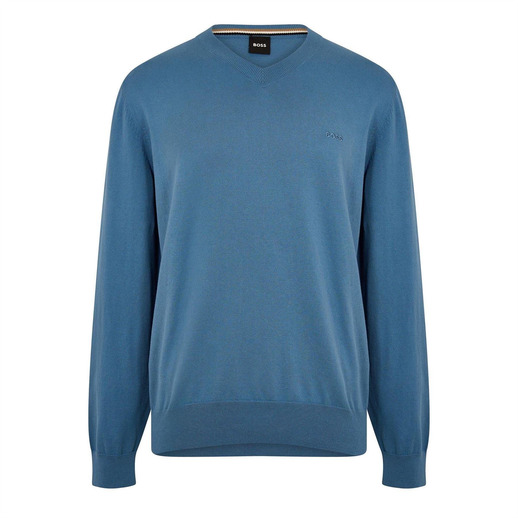 Pastel Blue - Front - Boss Mens Embroidered Logo Knitted V Neck Sweatshirt