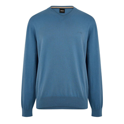 Pastel Blue - Front - Boss Mens Embroidered Logo Knitted V Neck Sweatshirt