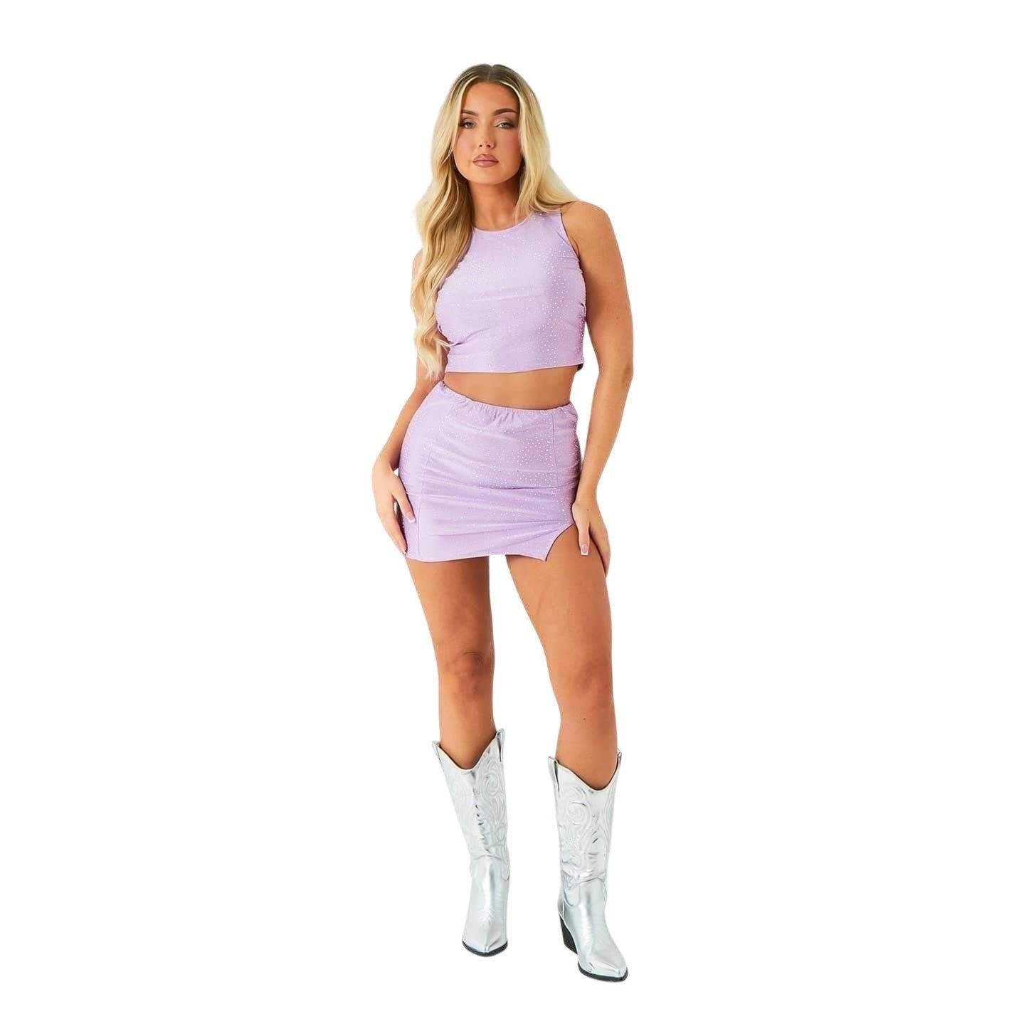Lilac - Front - Missy Empire Womens-Ladies Hot Fix Disco Sparkle Mini Skirt