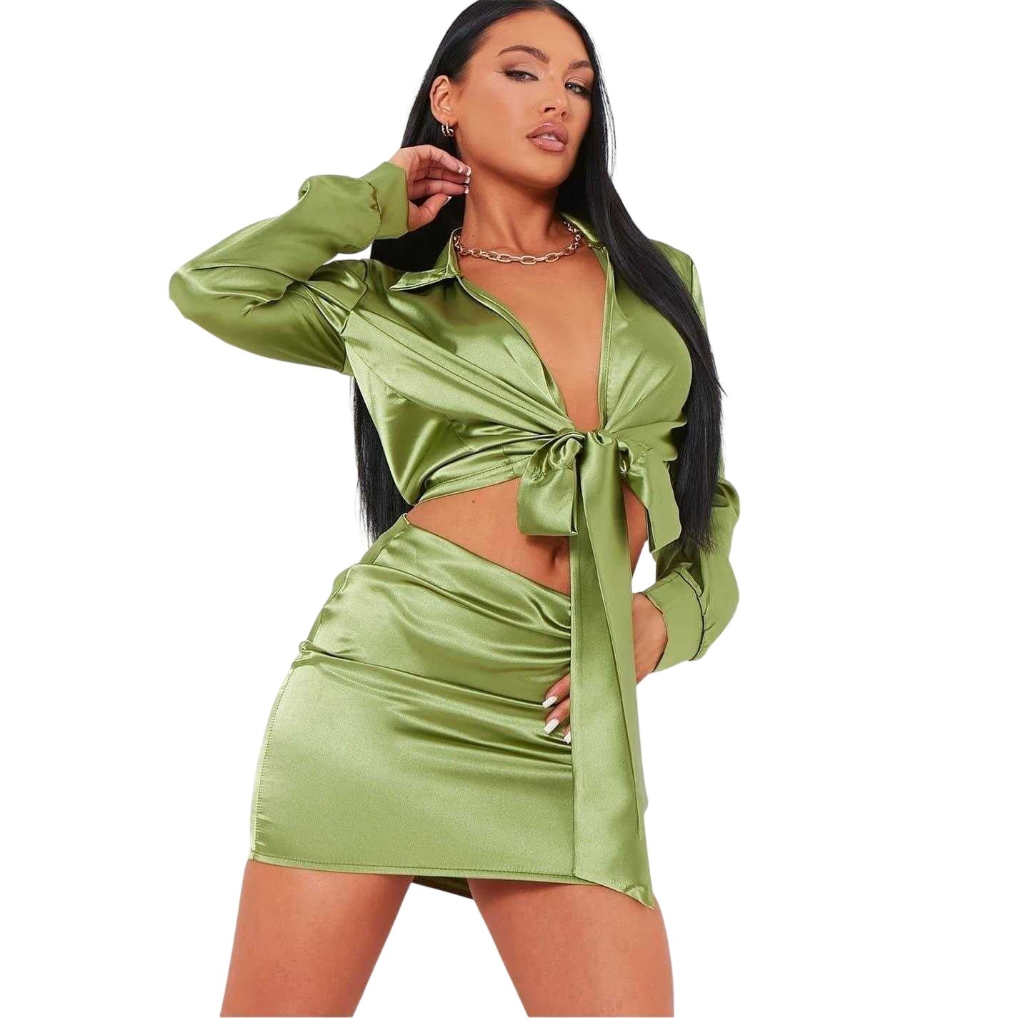 Green - Front - Missy Empire Womens-Ladies Satin Co-ord Set