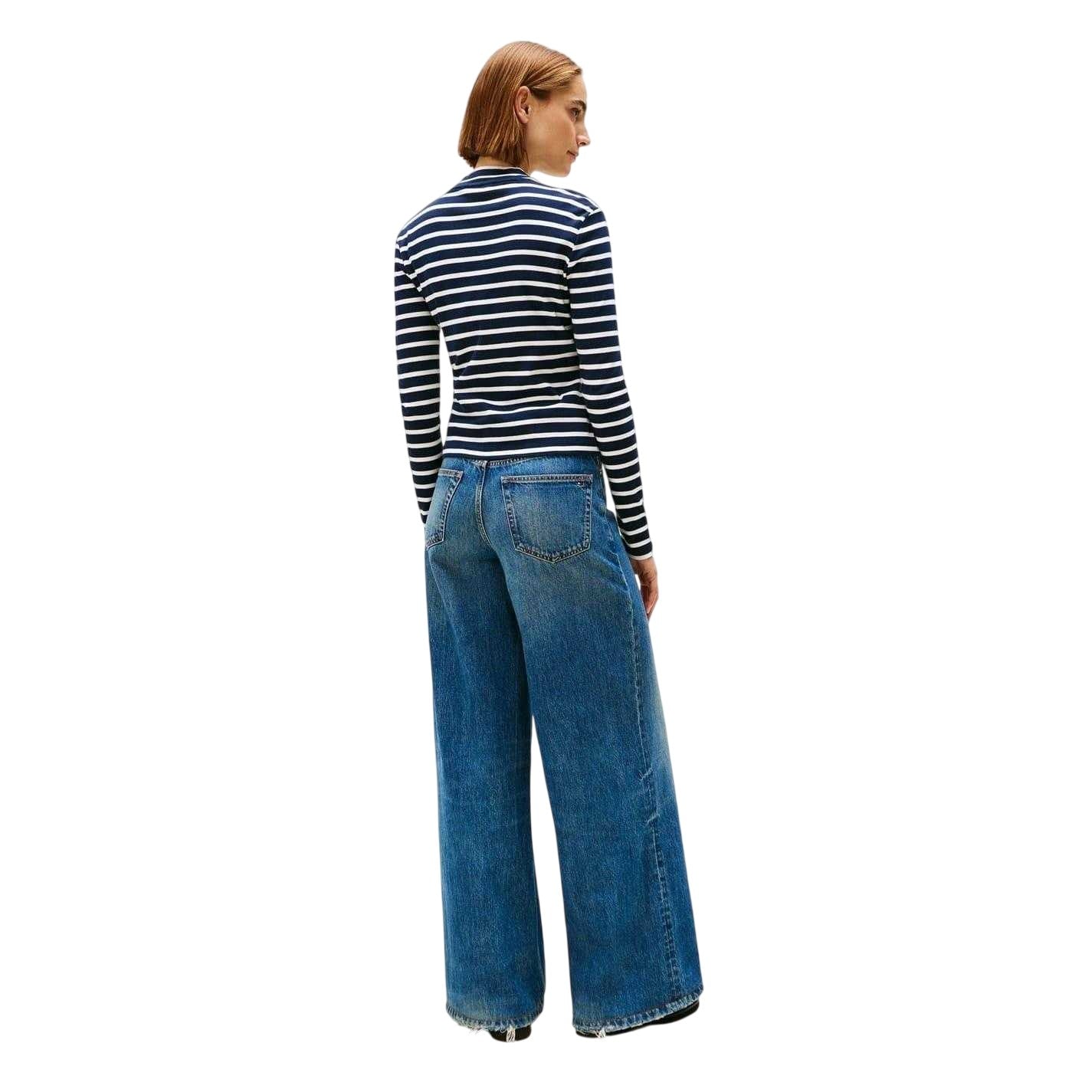 Dark Navy-White - Back - Tommy Hilfiger Womens-Ladies Striped Slim Long-Sleeved T-Shirt