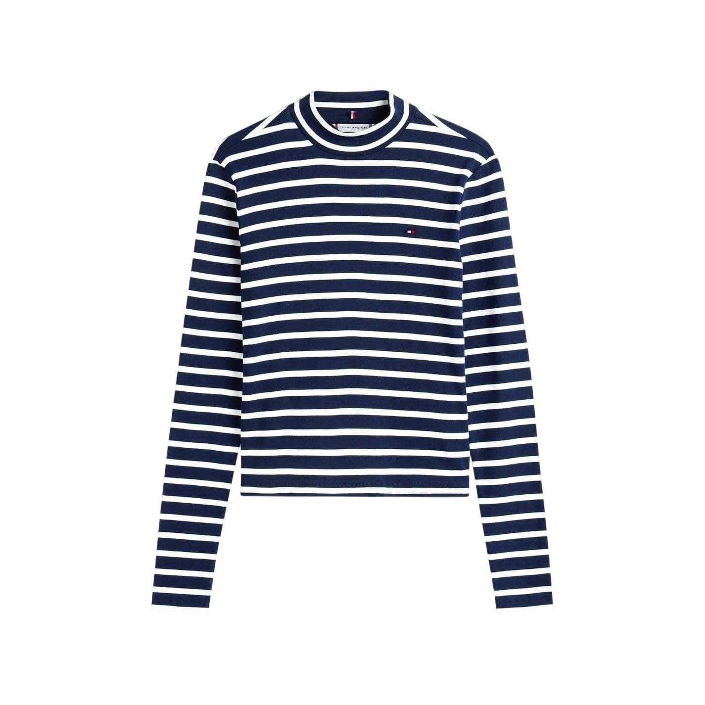 Dark Navy-White - Front - Tommy Hilfiger Womens-Ladies Striped Slim Long-Sleeved T-Shirt