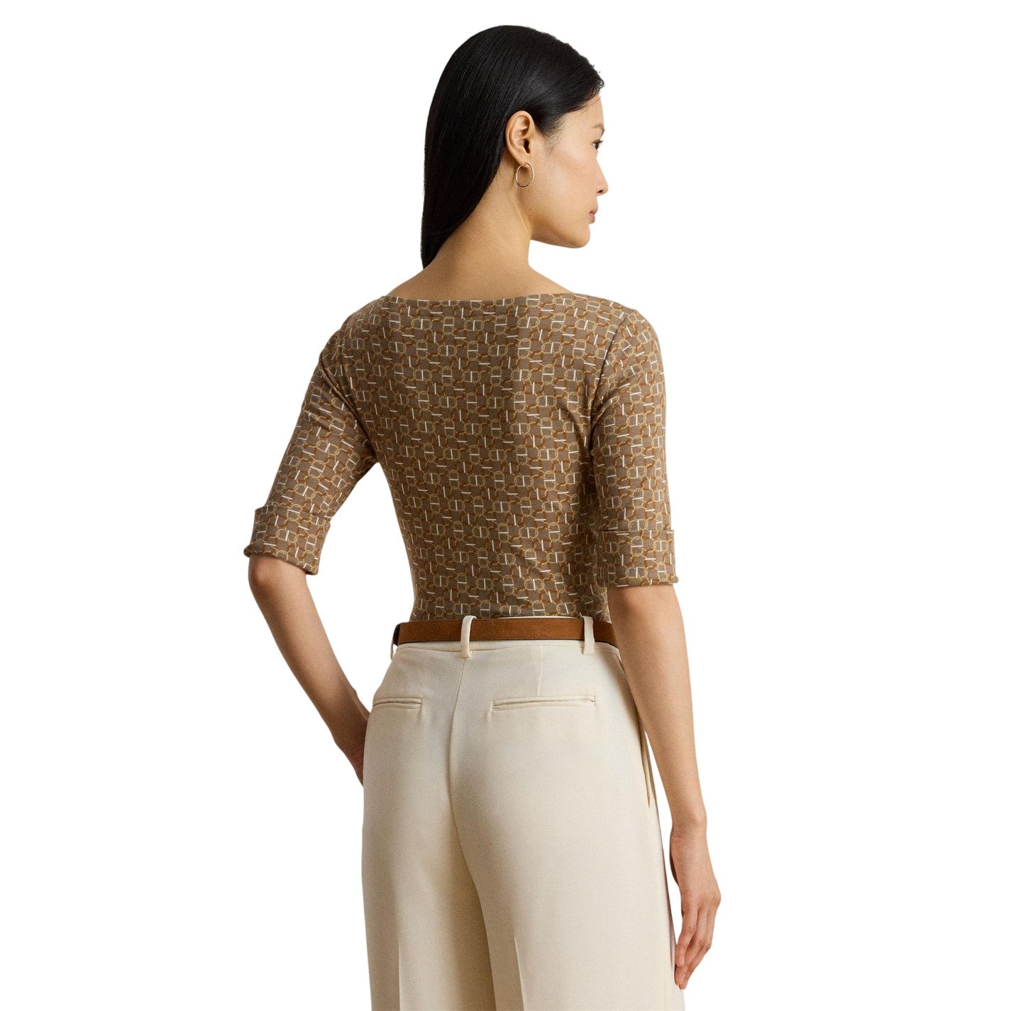 Taupe - Back - Ralph Lauren Womens-Ladies Judy Chain Print Boat Neck T-Shirt
