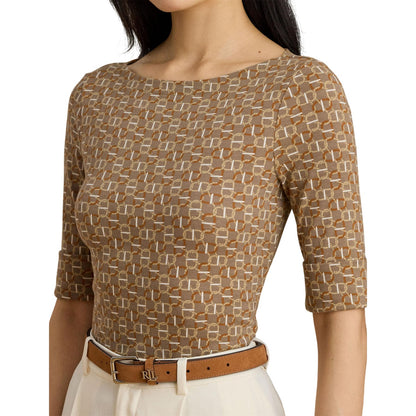 Taupe - Side - Ralph Lauren Womens-Ladies Judy Chain Print Boat Neck T-Shirt