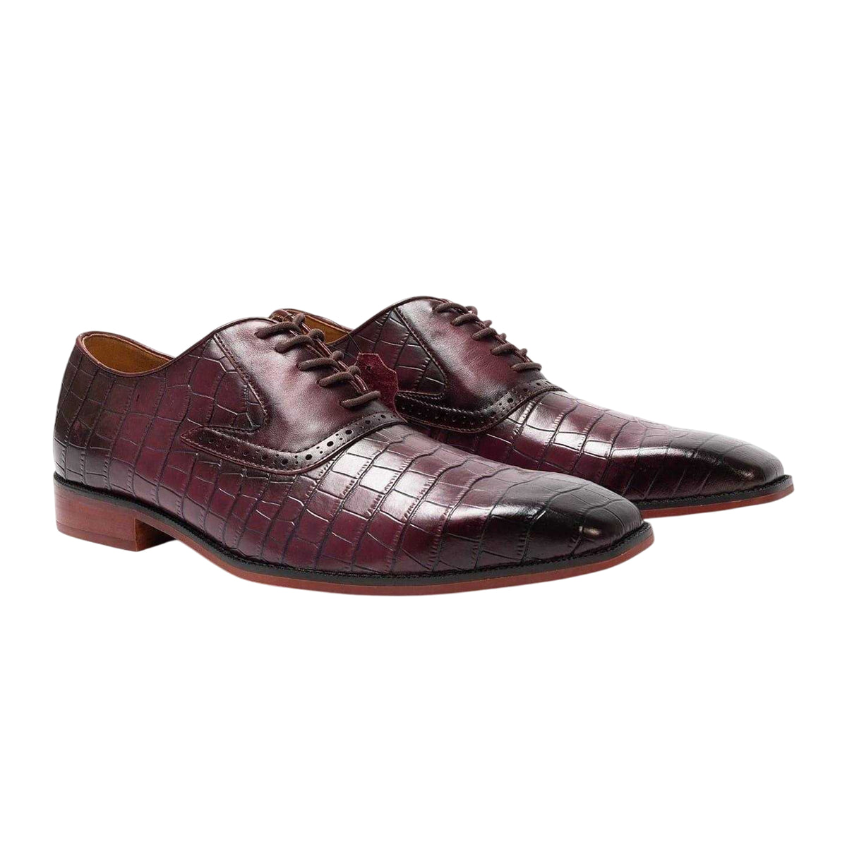 Maroon - Front - Giorgio Mens Croc Full Grain Leather Oxford Shoes