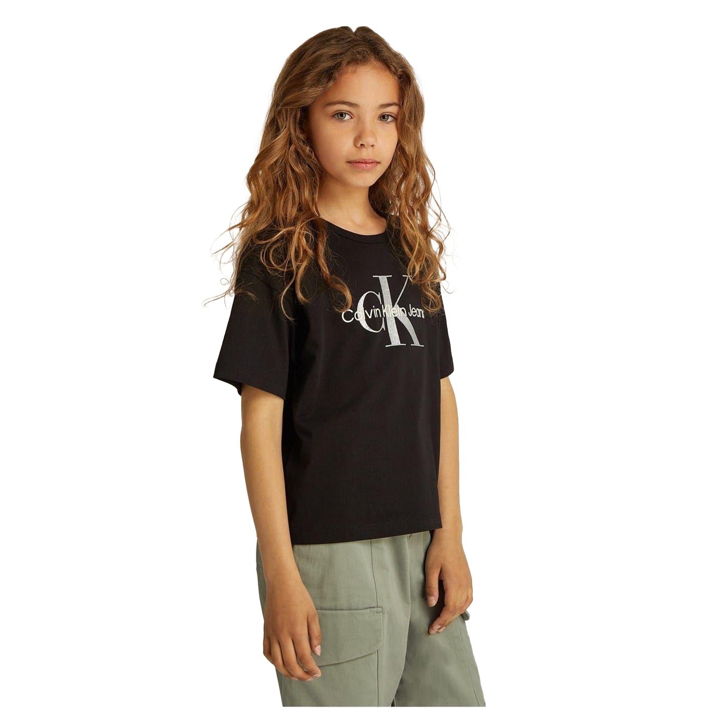 Black - Side - Calvin Klein Girls Glitter Logo Crew Neck T-Shirt