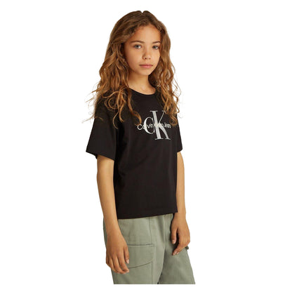 Black - Side - Calvin Klein Girls Glitter Logo Crew Neck T-Shirt
