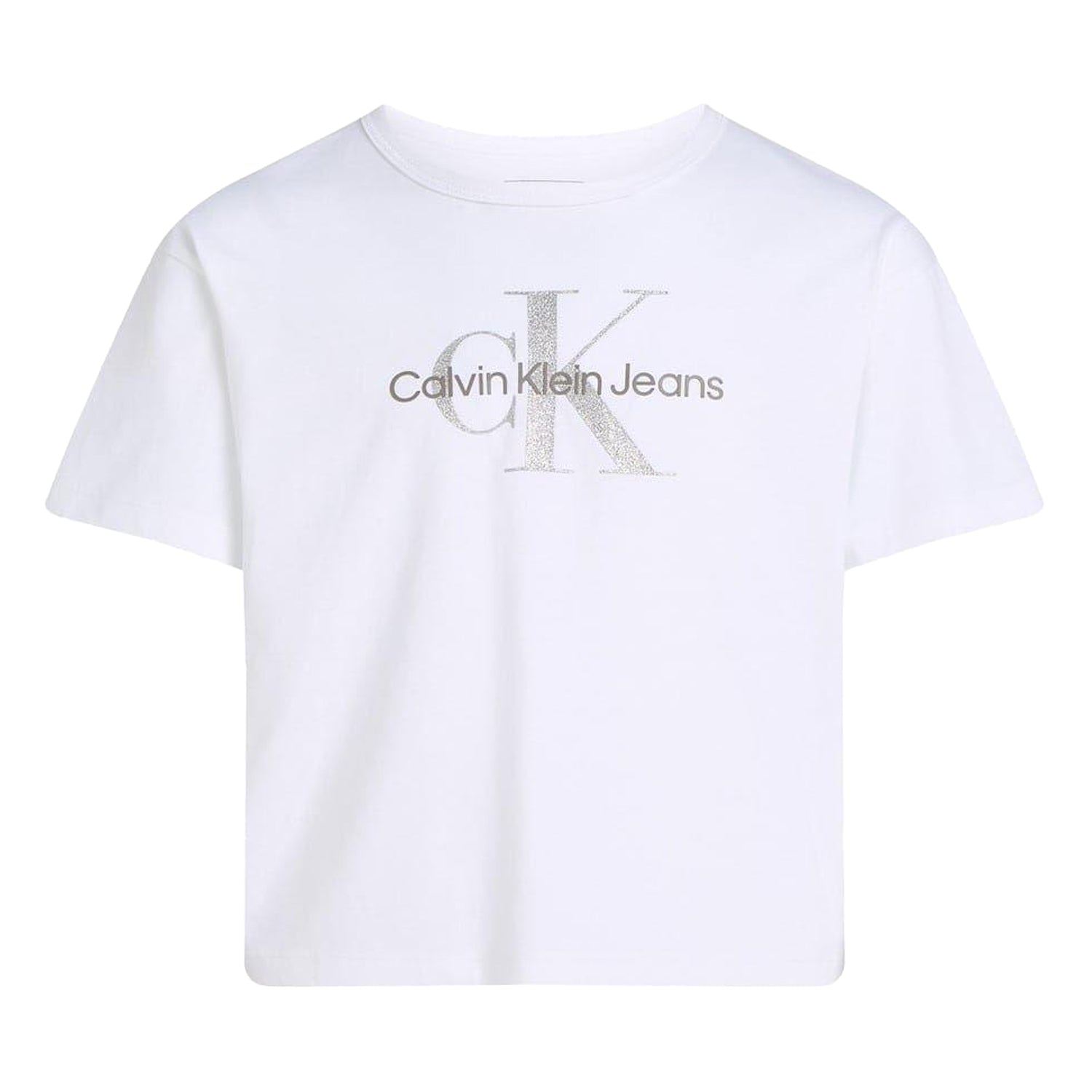 White - Front - Calvin Klein Girls Glitter Logo Crew Neck T-Shirt