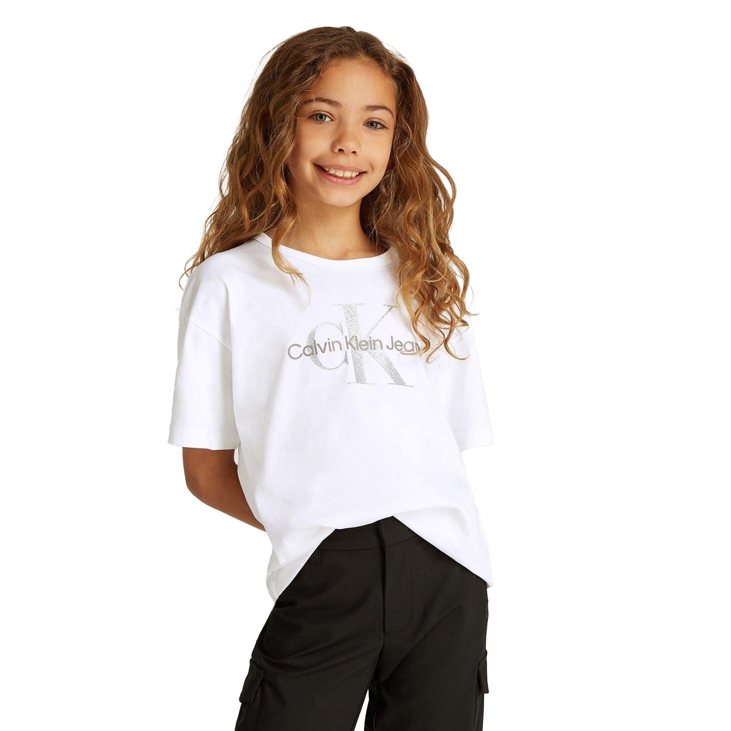 White - Side - Calvin Klein Girls Glitter Logo Crew Neck T-Shirt