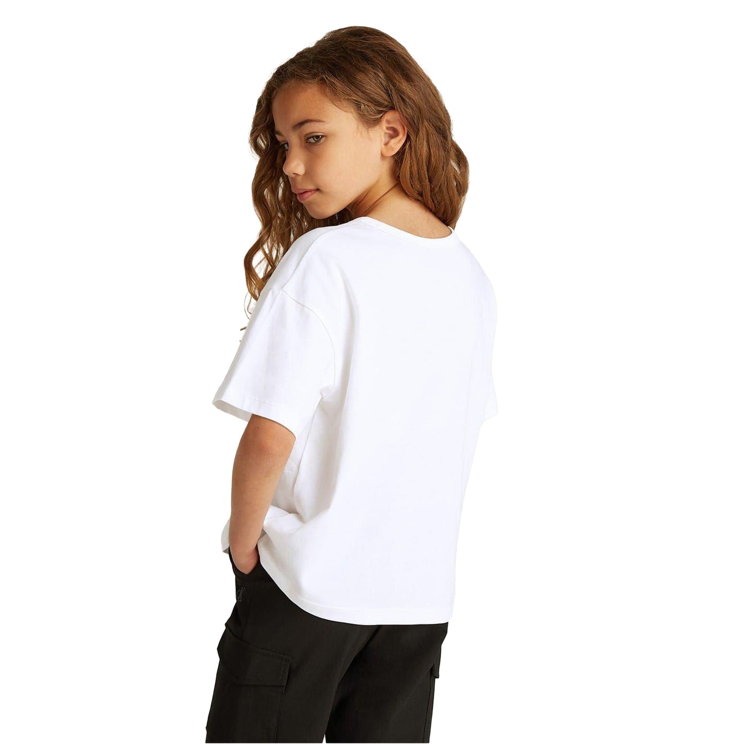 White - Lifestyle - Calvin Klein Girls Glitter Logo Crew Neck T-Shirt