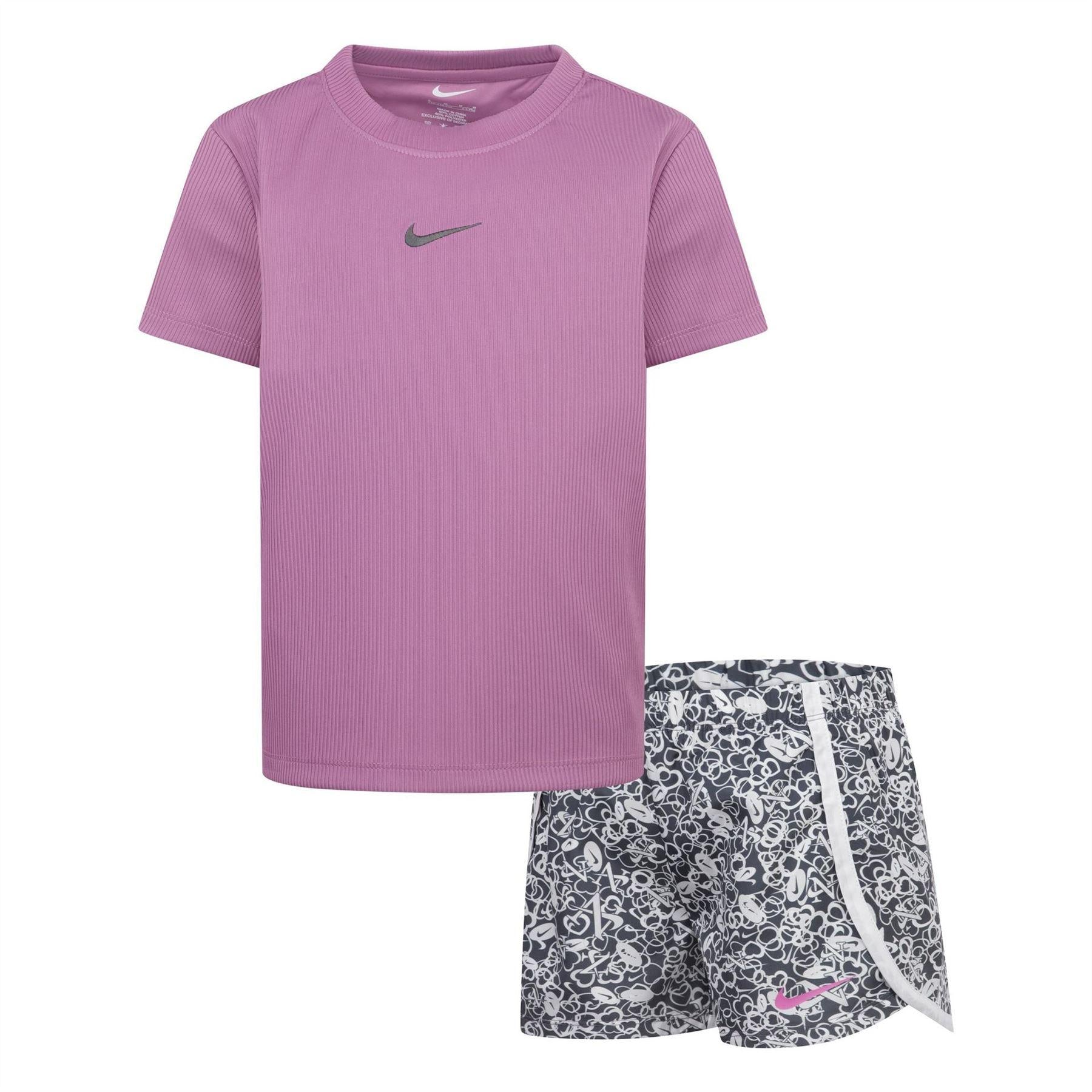 Smoke Grey-Purple - Front - Nike Childrens-Kids Game Swoosh T-Shirt & Shorts Set