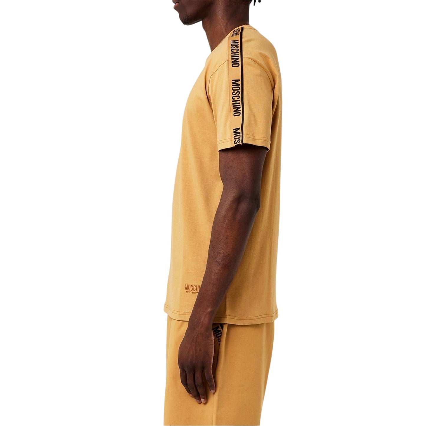 Brown - Side - Moschino Mens Tape Lettering Logo Regular T-Shirt