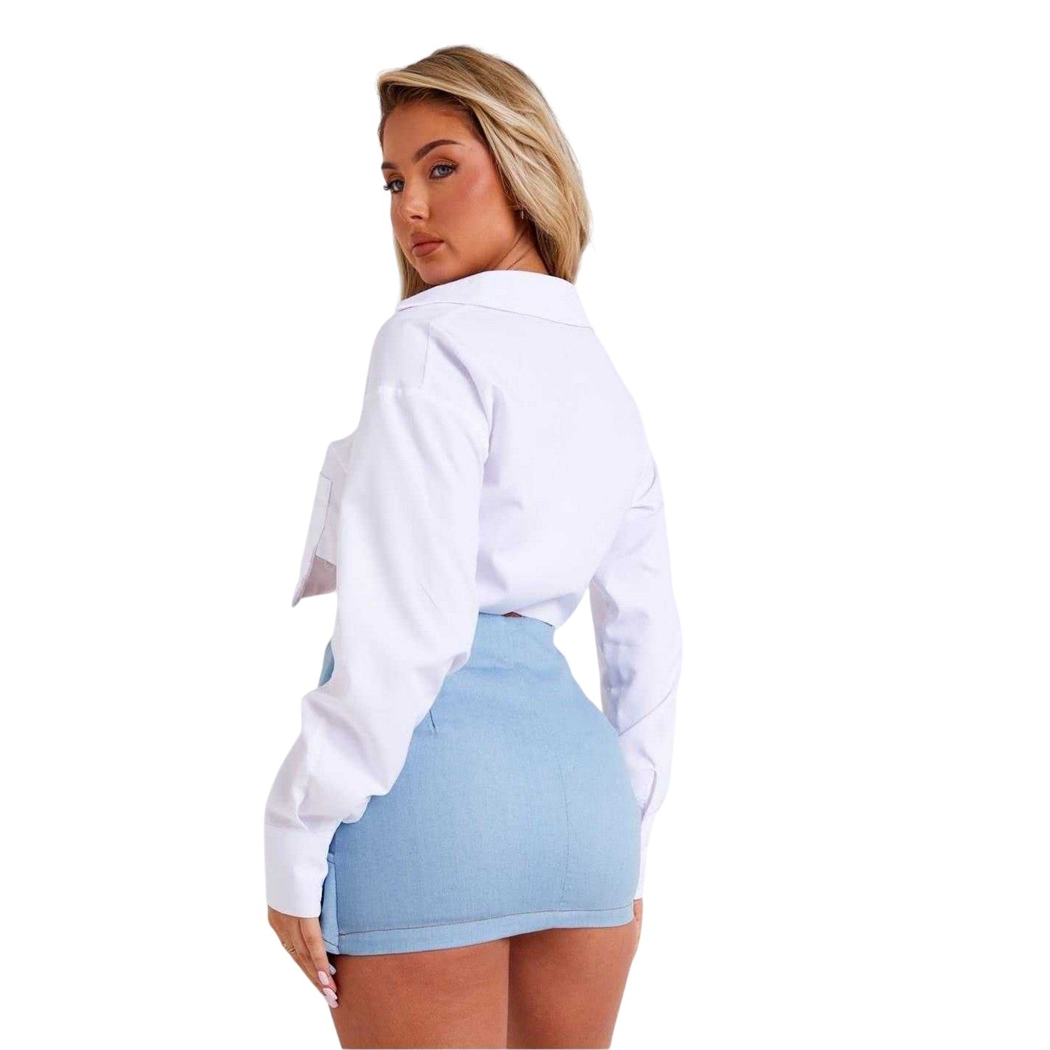 Blue - Back - Missy Empire Womens-Ladies Washed Denim Full Zip Mini Skirt