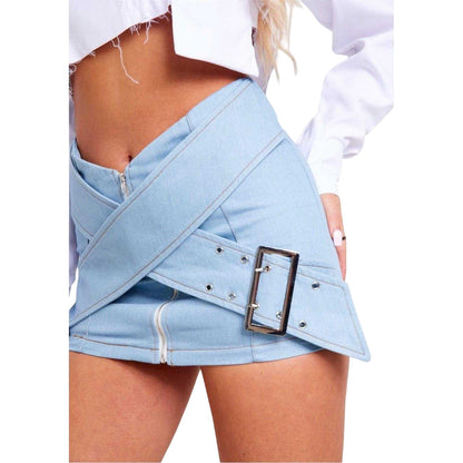 Blue - Side - Missy Empire Womens-Ladies Washed Denim Full Zip Mini Skirt