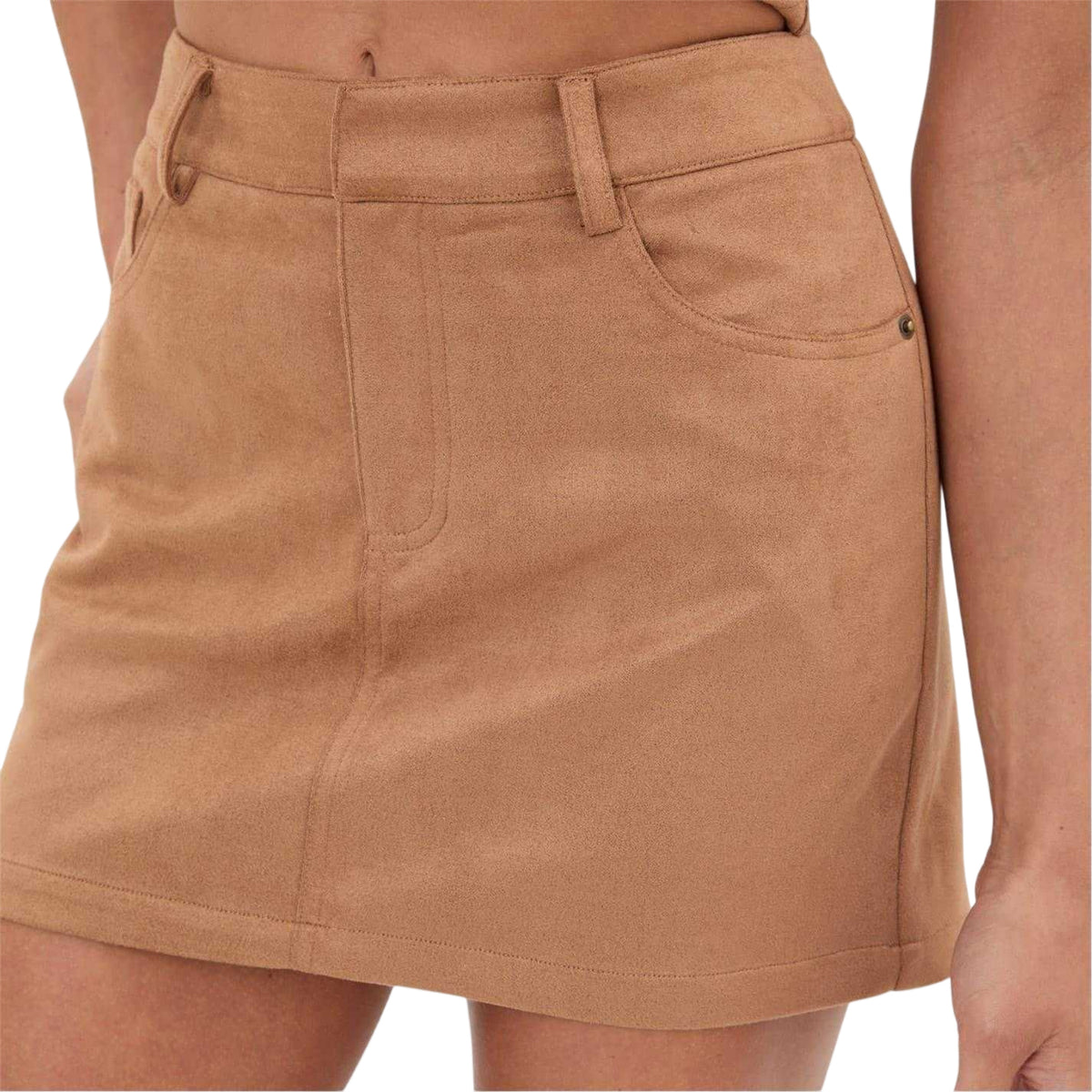Brown - Side - I Saw It First Womens-Ladies Skirta Faux Suede Fitted Mini Skirt