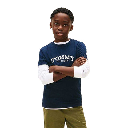 Navy Night - Side - Tommy Hilfiger Childrens-Kids Arched Logo Crew Neck T-Shirt