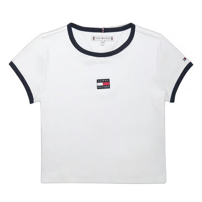 White - Front - Tommy Hilfiger Childrens-Kids Heritage Ribbed Collar T-Shirt
