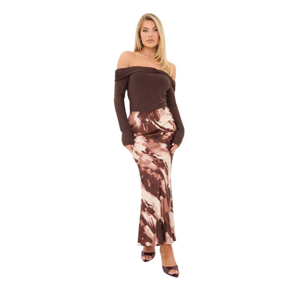 Brown - Front - I Saw It First Womens-Ladies Satin Maxi Skirt