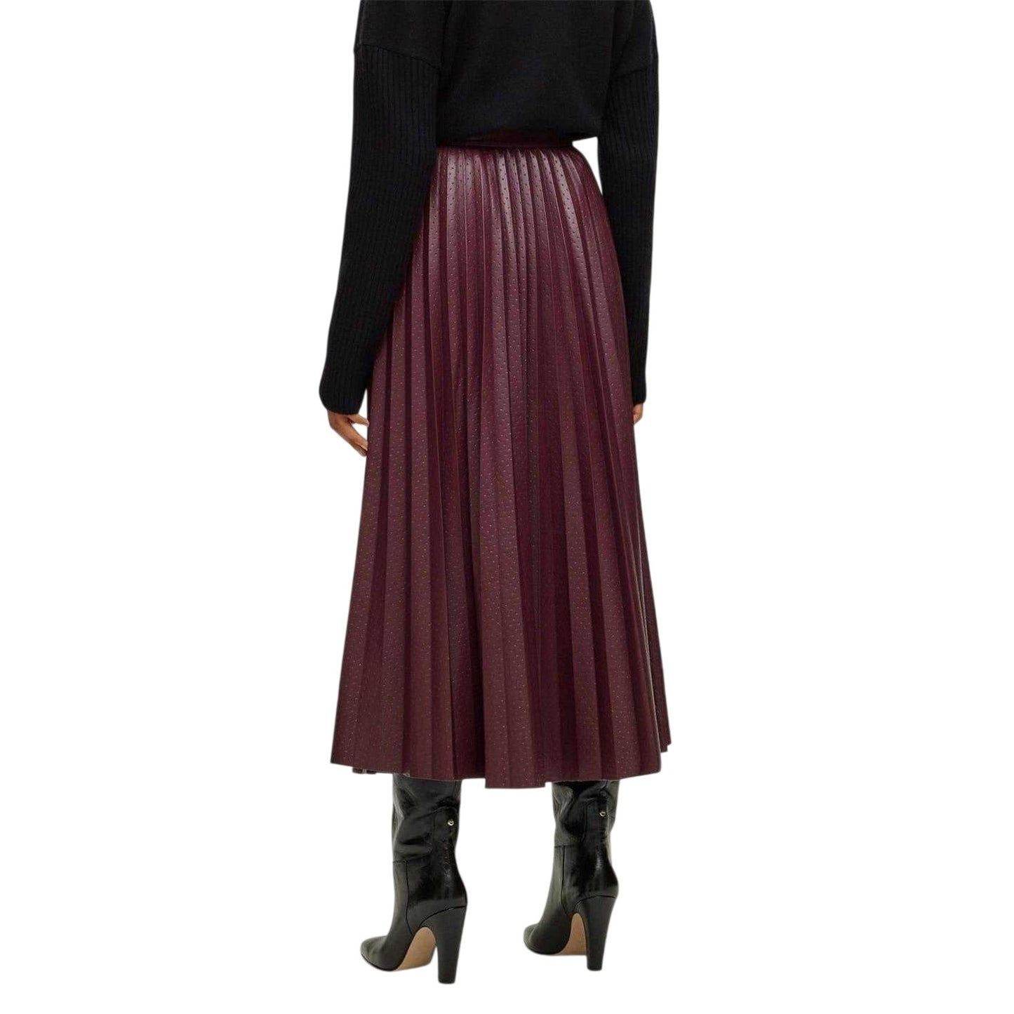 Red - Back - Boss Womens-Ladies Veplika Faux Leather Pleated Midi Skirt