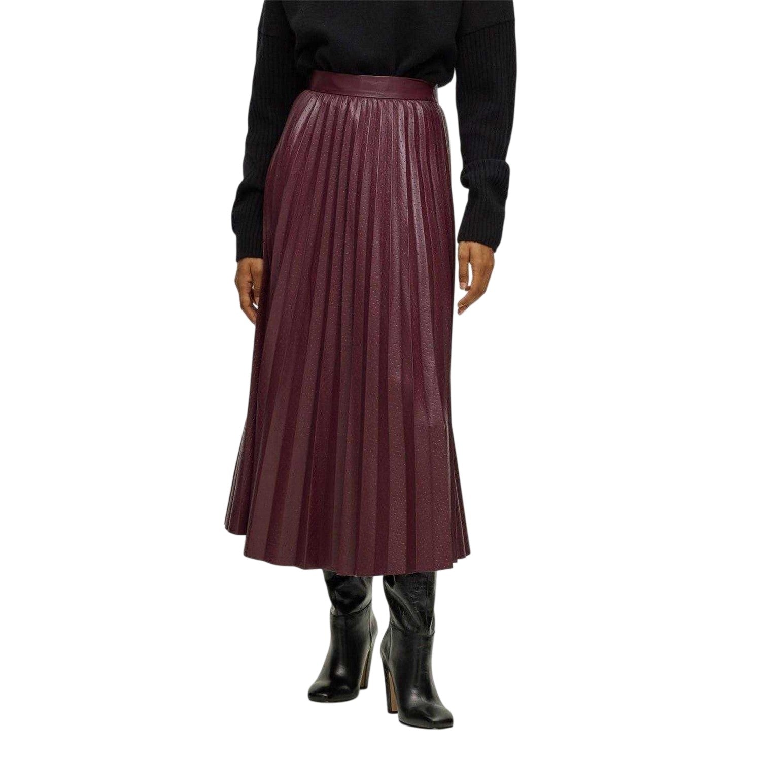 Red - Side - Boss Womens-Ladies Veplika Faux Leather Pleated Midi Skirt