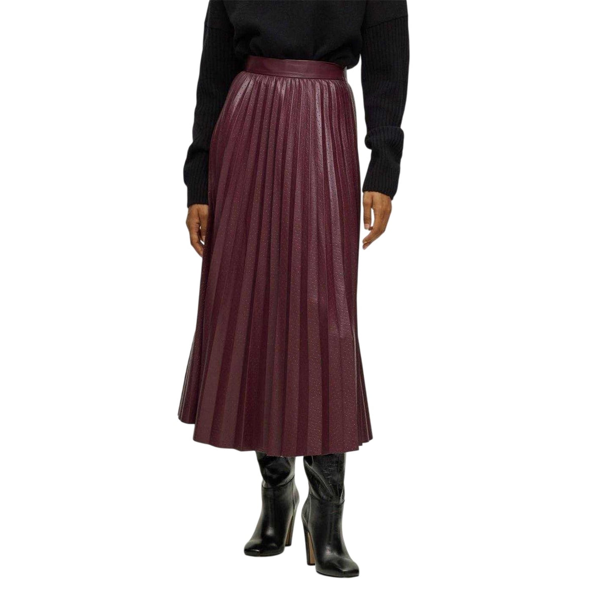 Red - Side - Boss Womens-Ladies Veplika Faux Leather Pleated Midi Skirt