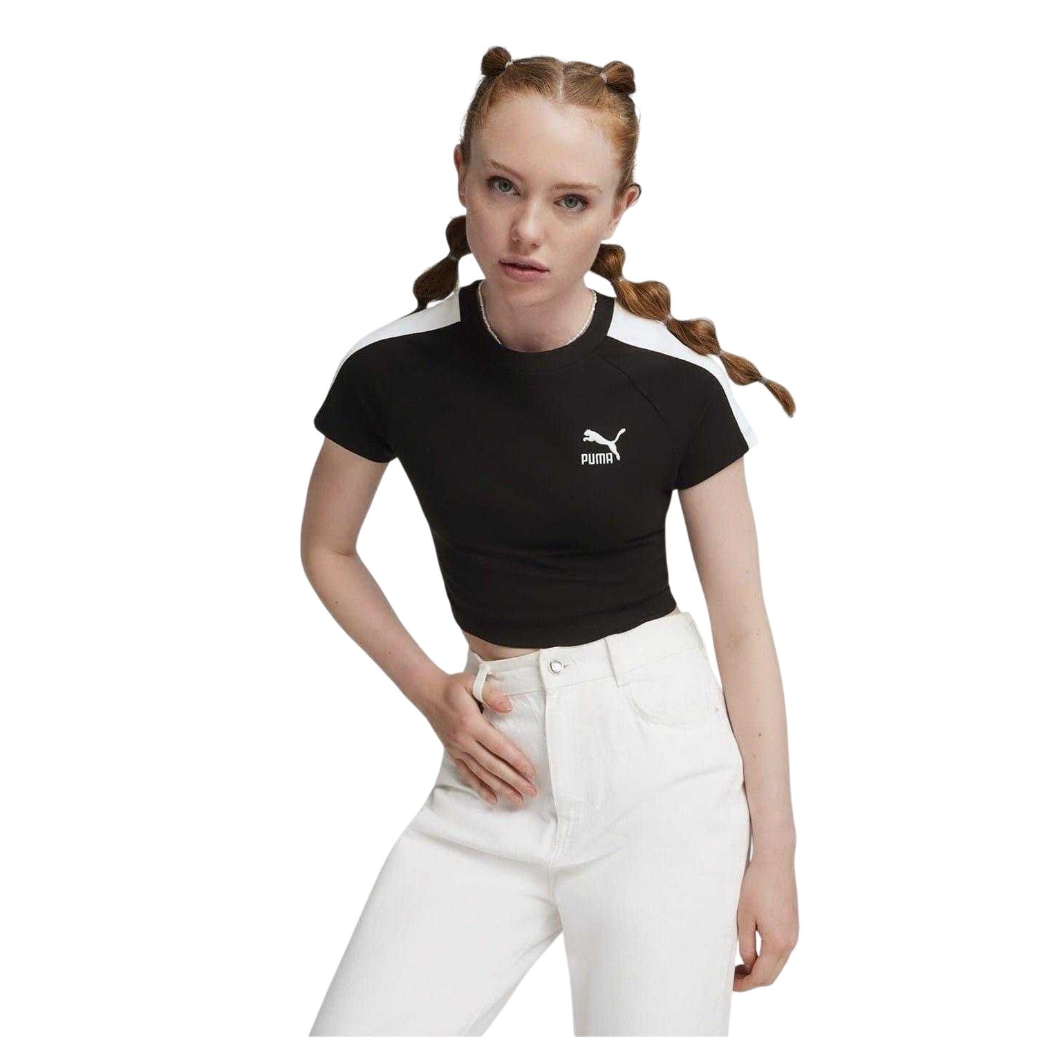 Puma Black - Side - Puma Womens-Ladies Crew Neck Regular Crop T-Shirt
