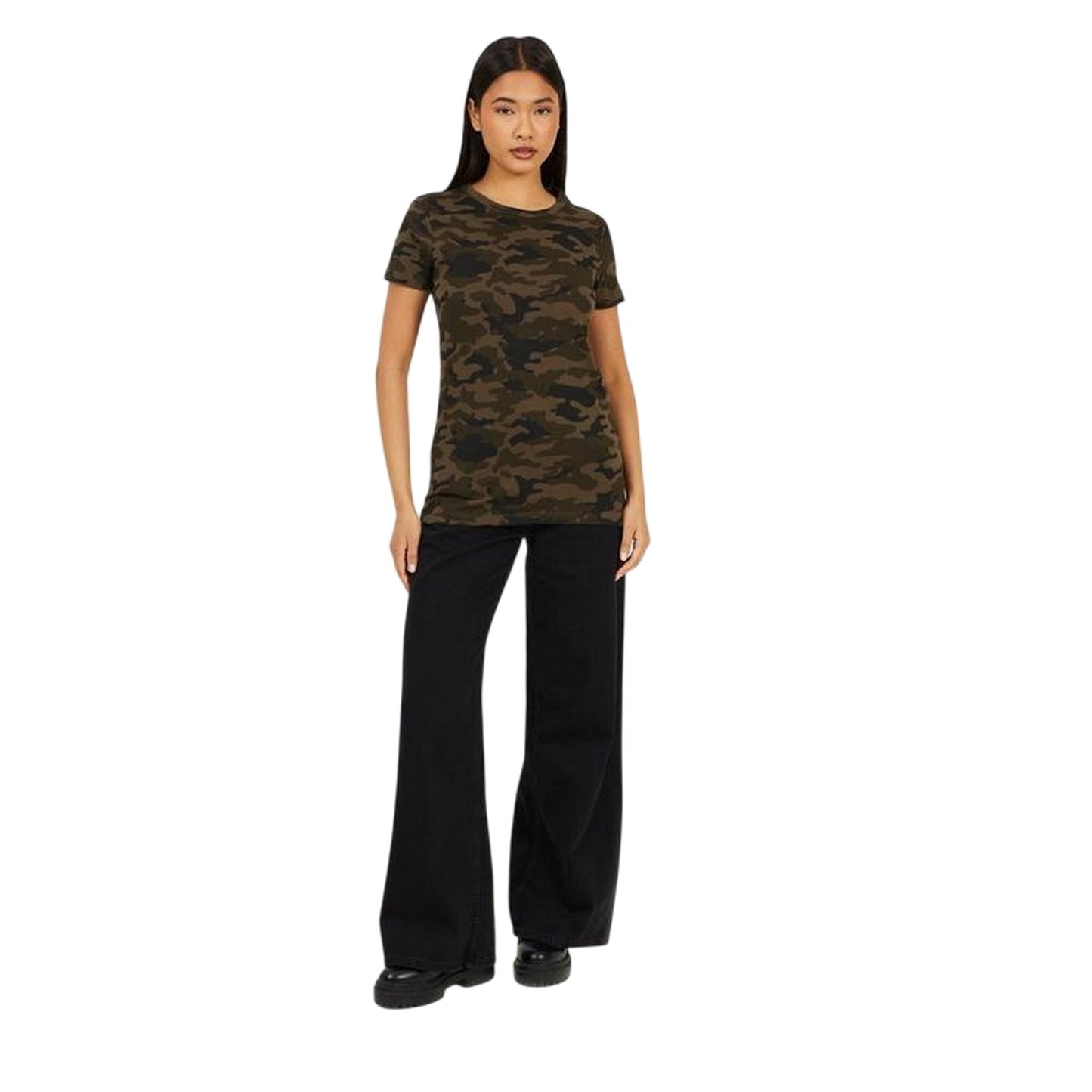 Green - Side - Brave Soul Womens-Ladies Camo Crew Neck T-Shirt